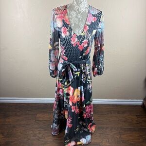 Komarov Floral Long Dress Sash Sheer Sleeves Women’s size large